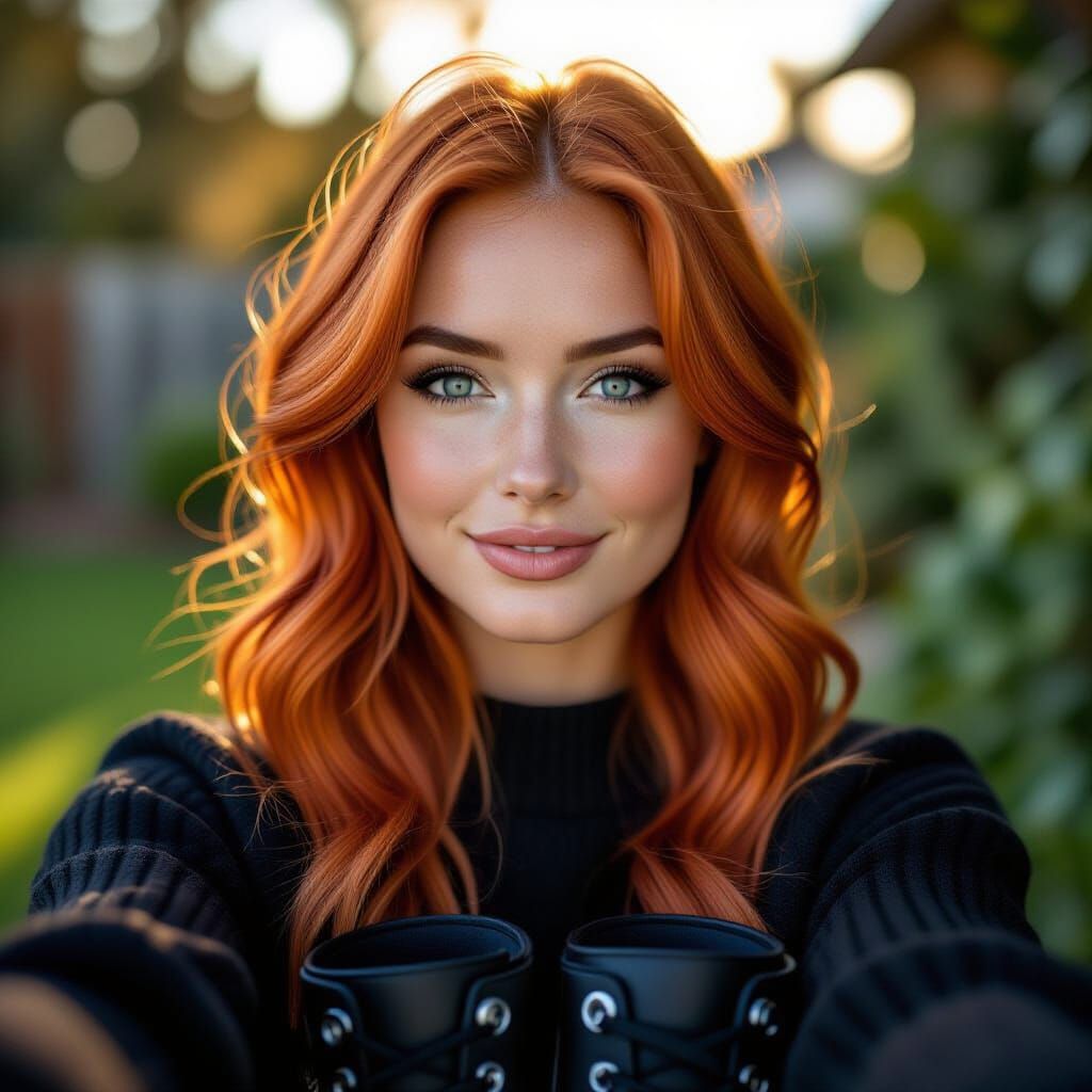 Woman with Orange Hair Takes Selfie with Boots