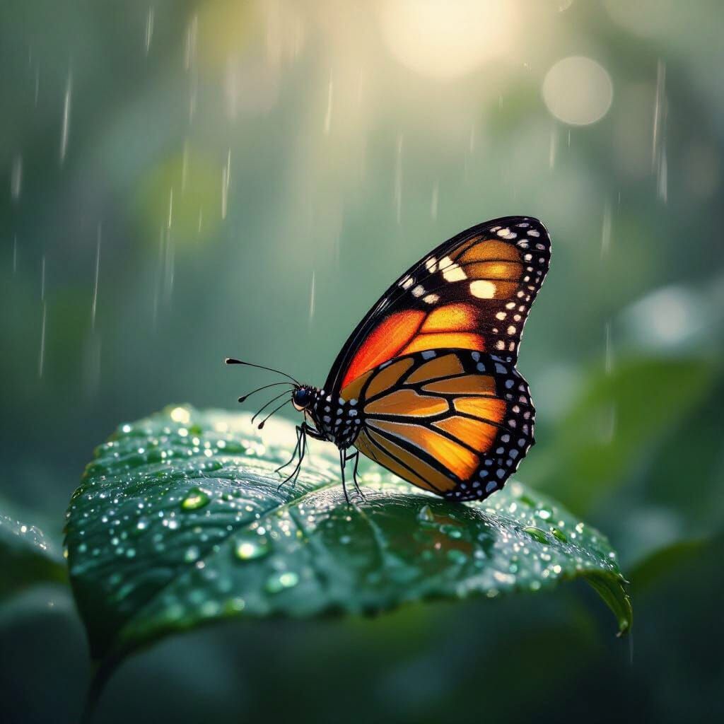 Magical Realism Butterfly in Gentle Rain Shower