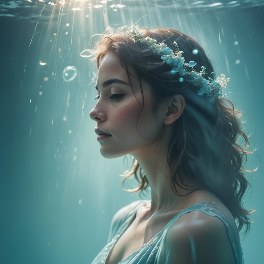 Ethereal Woman Portrait in Dreamlike Cyan Waters