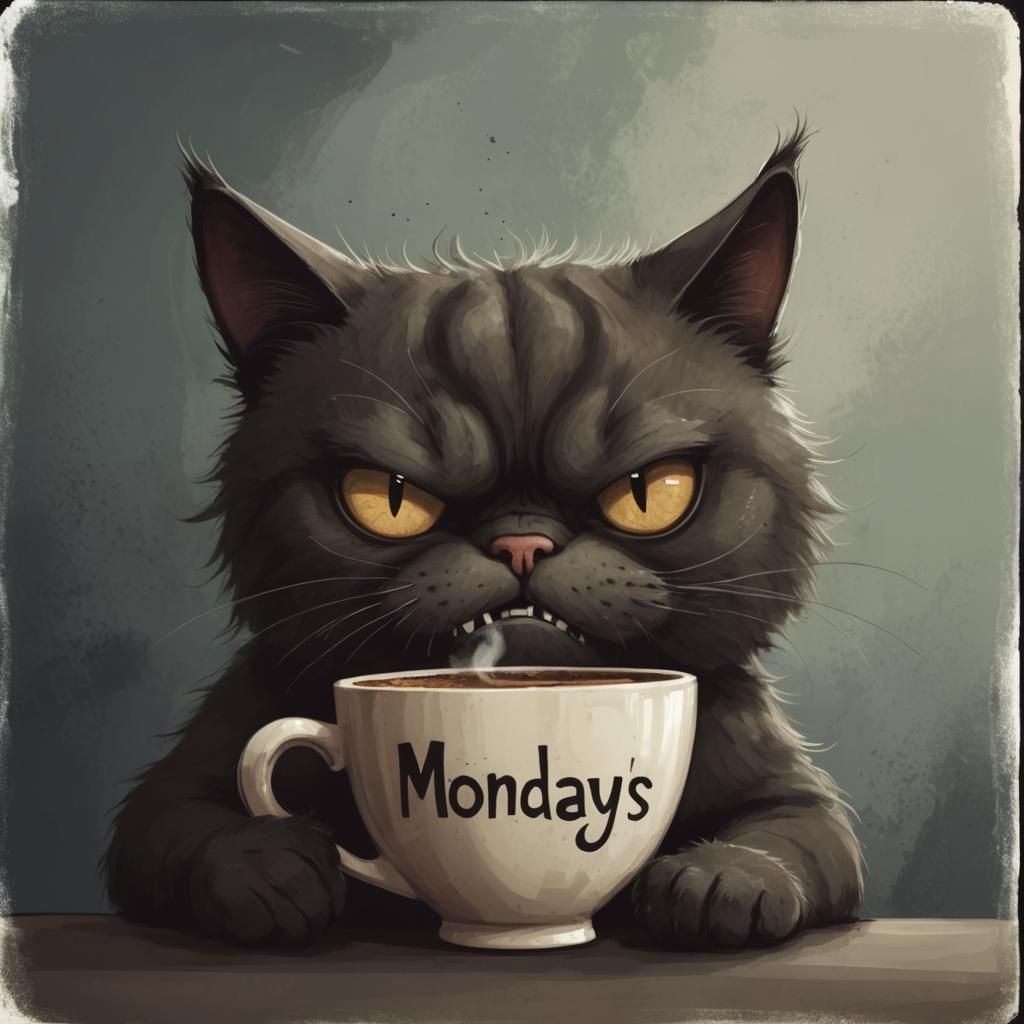 Surreal Cartoon of Angry Cat with Coffee