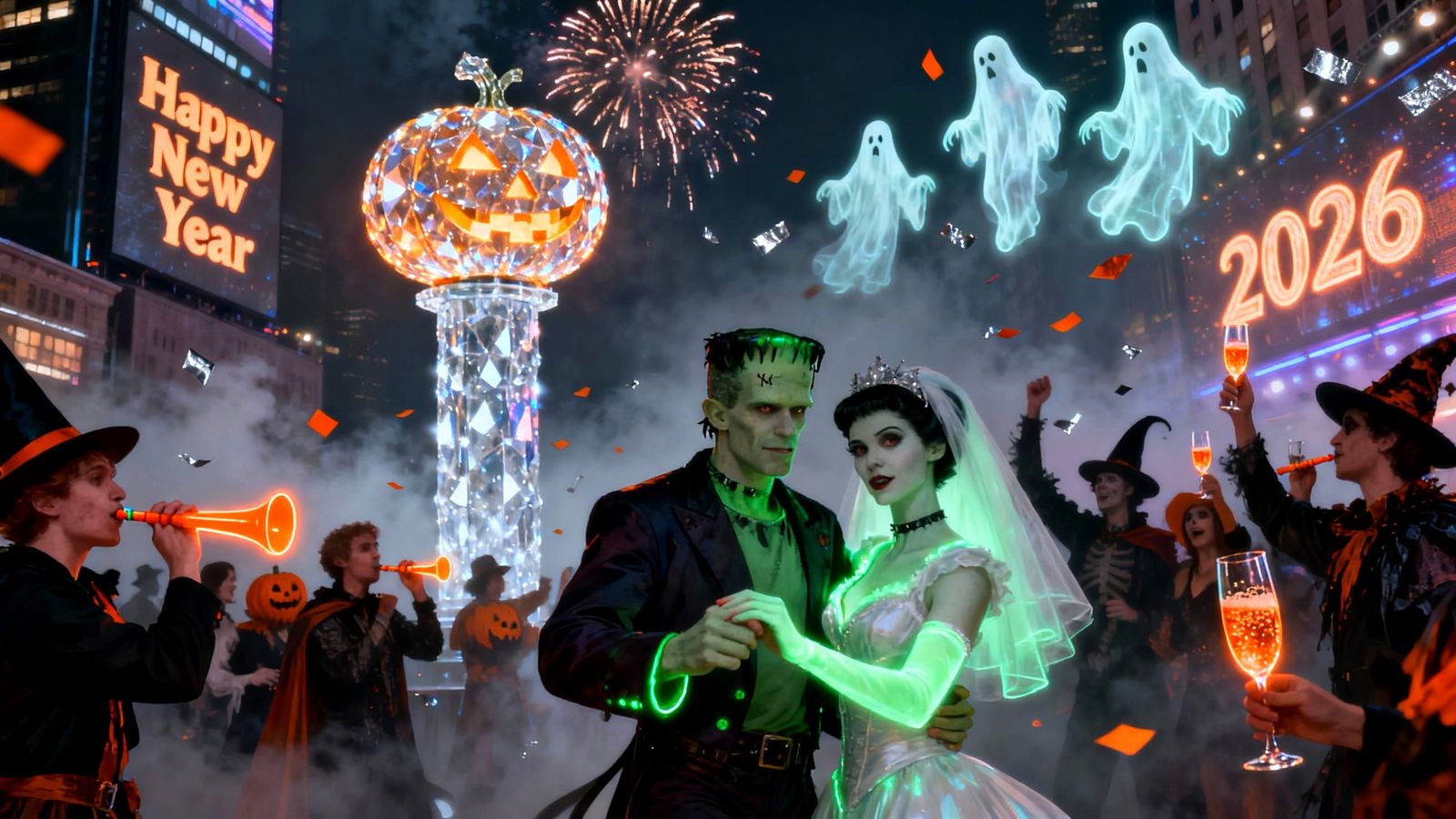 Frankenstein and Bride Dance at Foggy Times Square New Year'...
