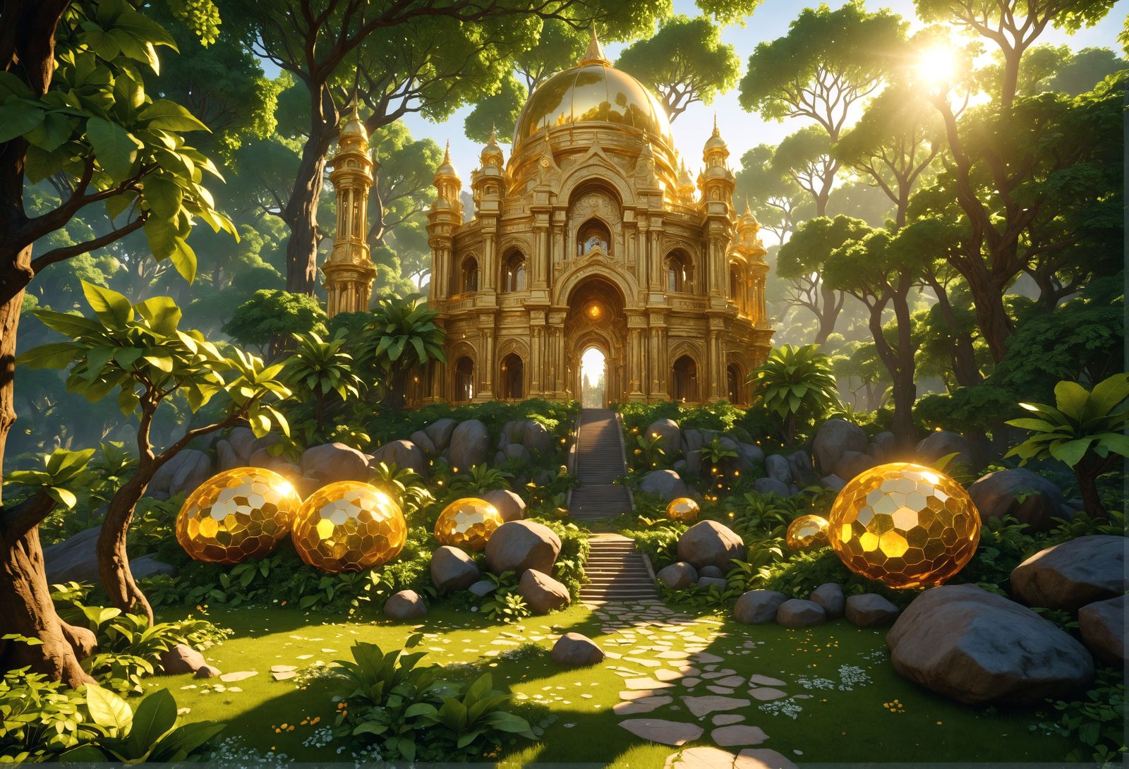 Golden Palace in Eden: 3D Rendered Paradise