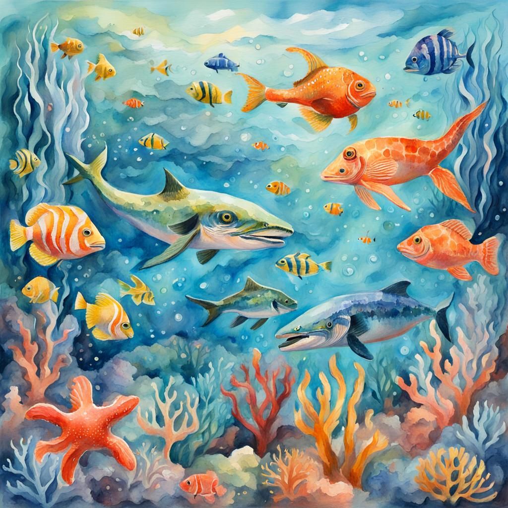 Sea Creatures: Impressionist Gouache Watercolor Painting