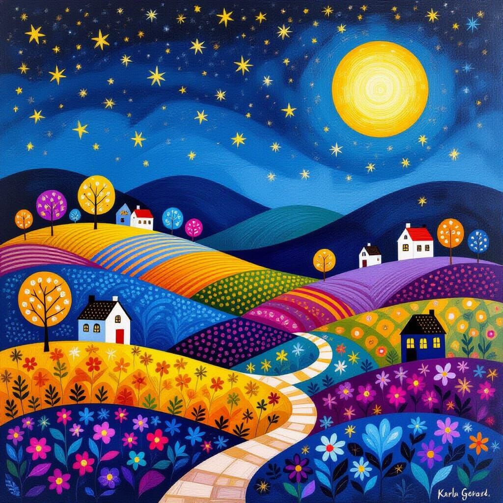 Whimsical Folk-Art Landscape with Glowing Trees