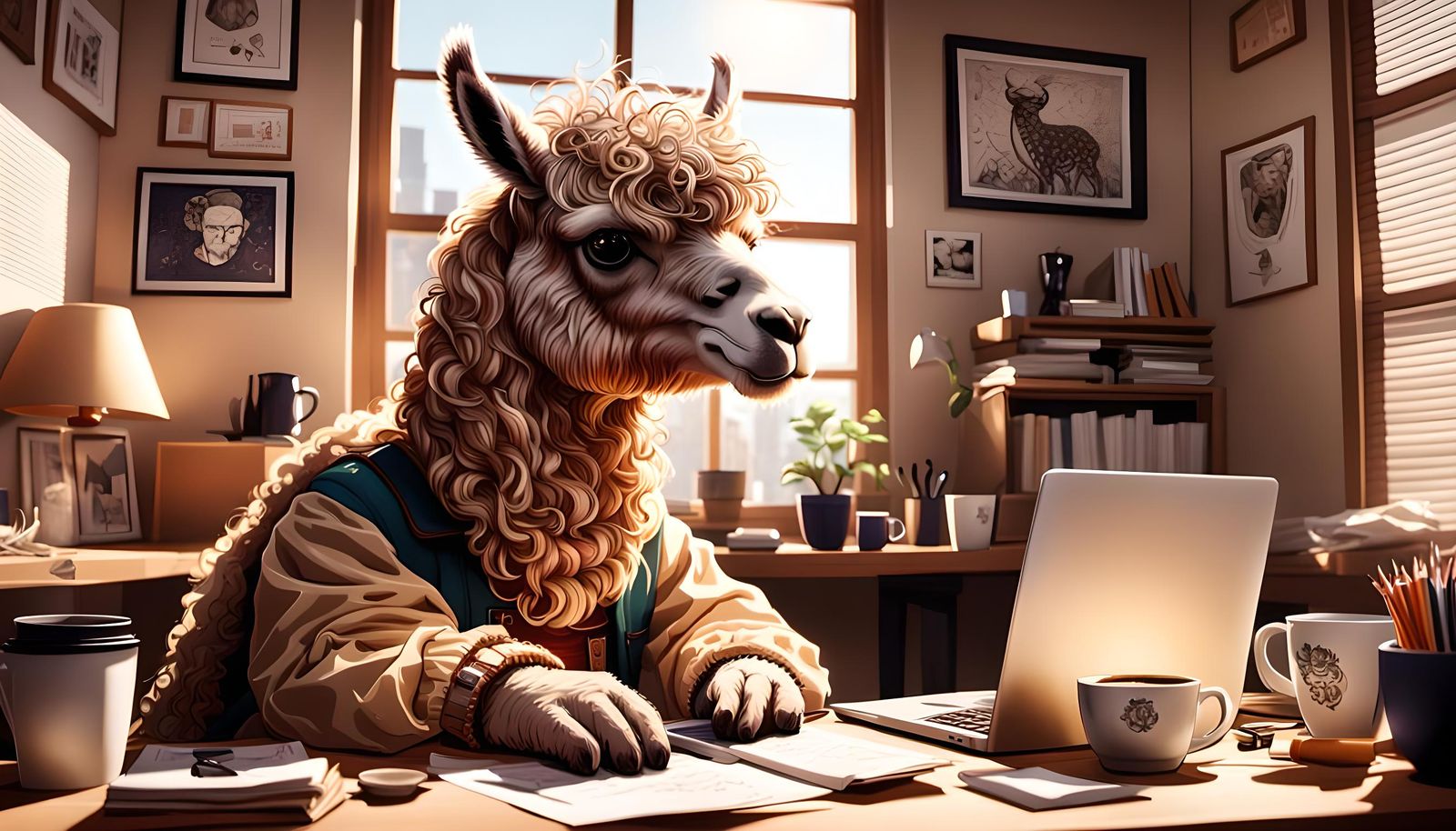 Caffeinated Llama Working From Home: Realistic Anime Style