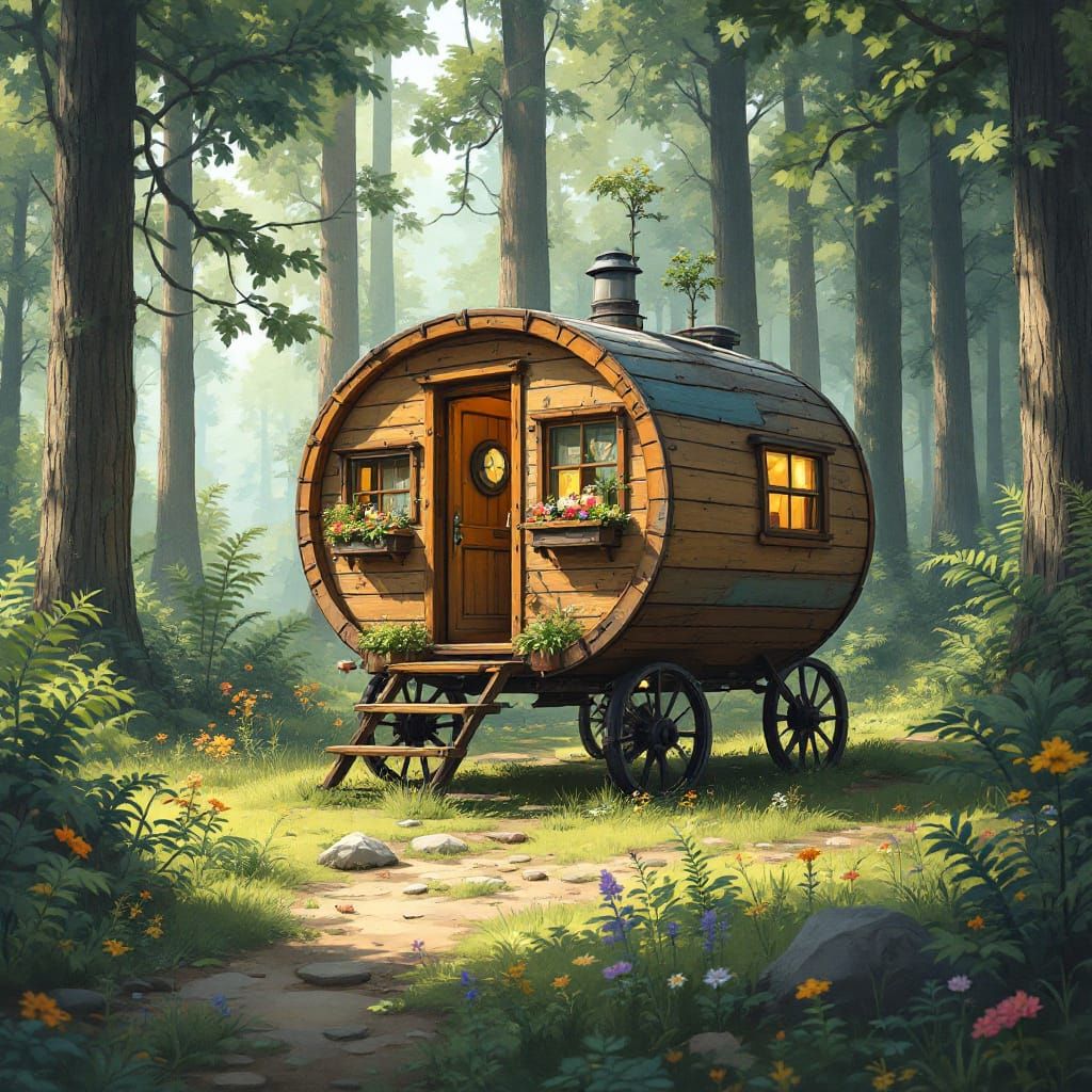 Turtle Camper in Dreamy Forest Illustration