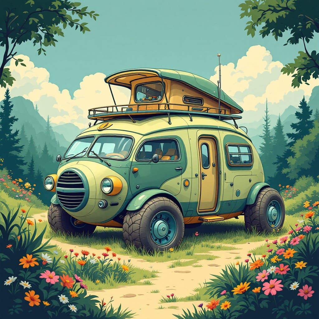 Turtle Camper Van in Retro-Futuristic Style
