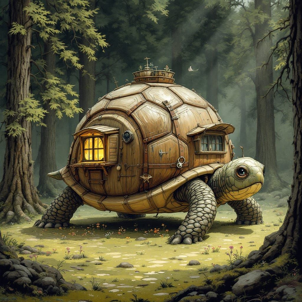 Turtle Camper in Forest, Illustrated Style