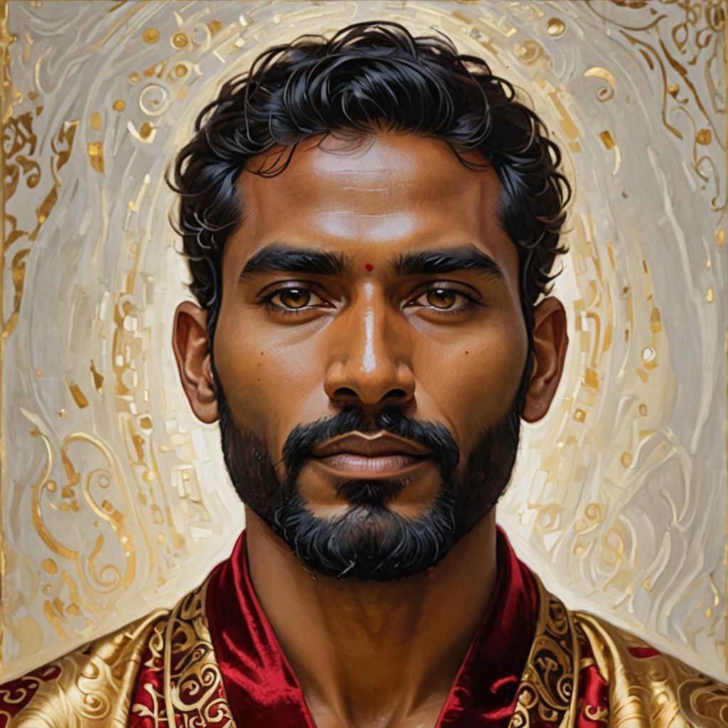 Portrait in Klimt Style with Red Velvet Robe