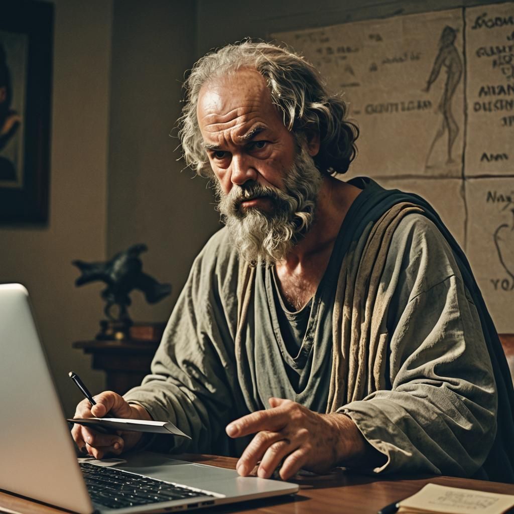Socrates teaching philosophy via a Zoom conference call, on ...