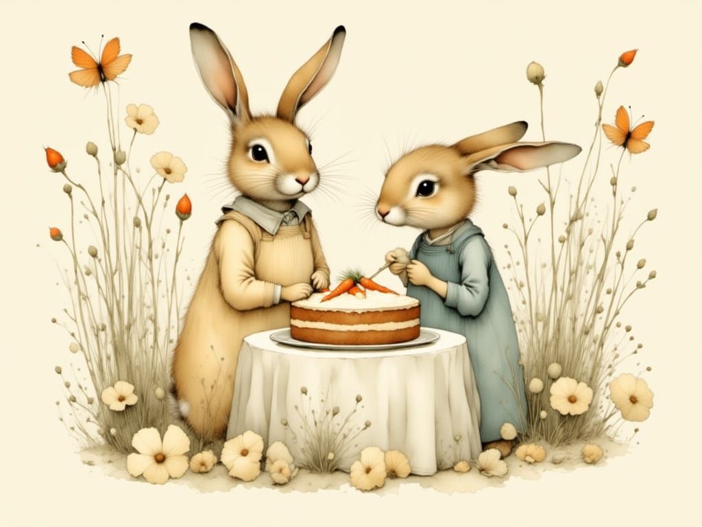 Whimsical Bunnies Enjoy a Sweet Treat in a Delicate Watercol...