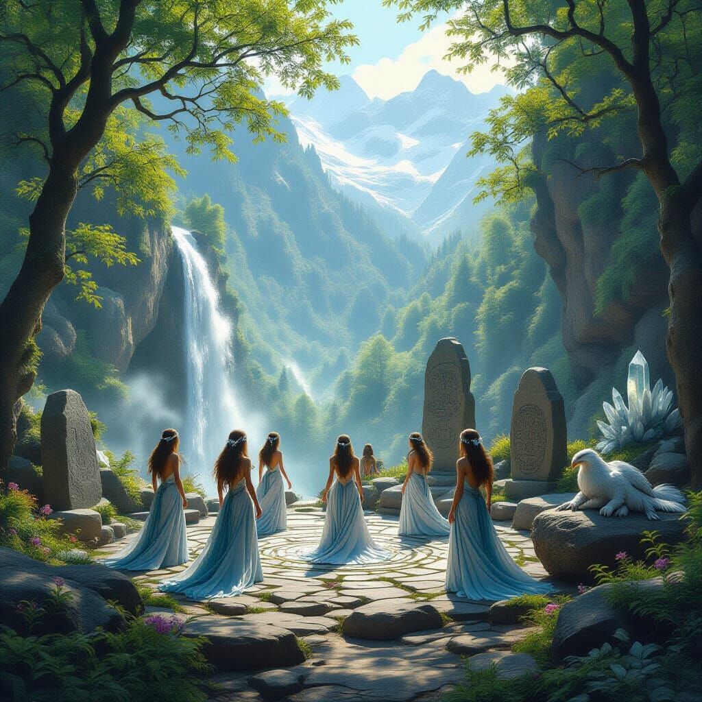 Ethereal Mountain Scene with Nymphs and Griffin