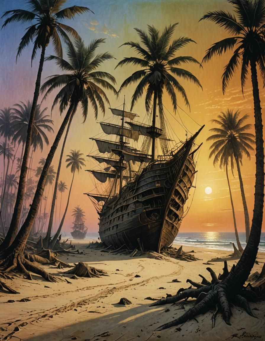 Steampunk Galleon Wrecked on Tropical Beach