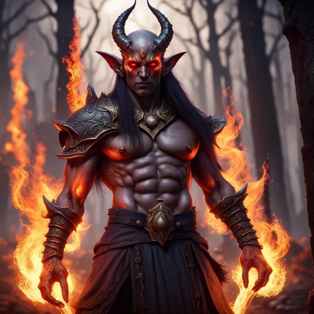 Flaming Eyed Dark Elf Barbarian Warlock