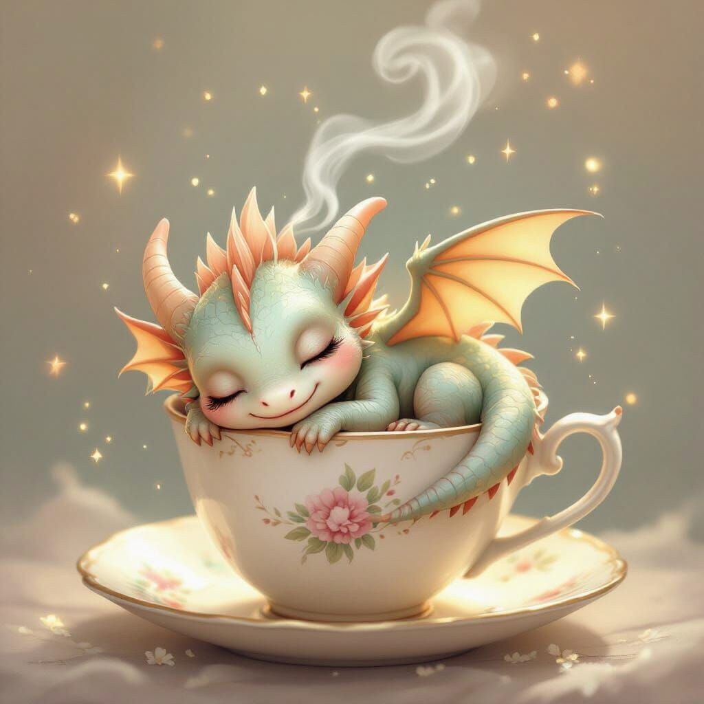 Baby Dragon in Teacup, Whimsical Storybook Style
