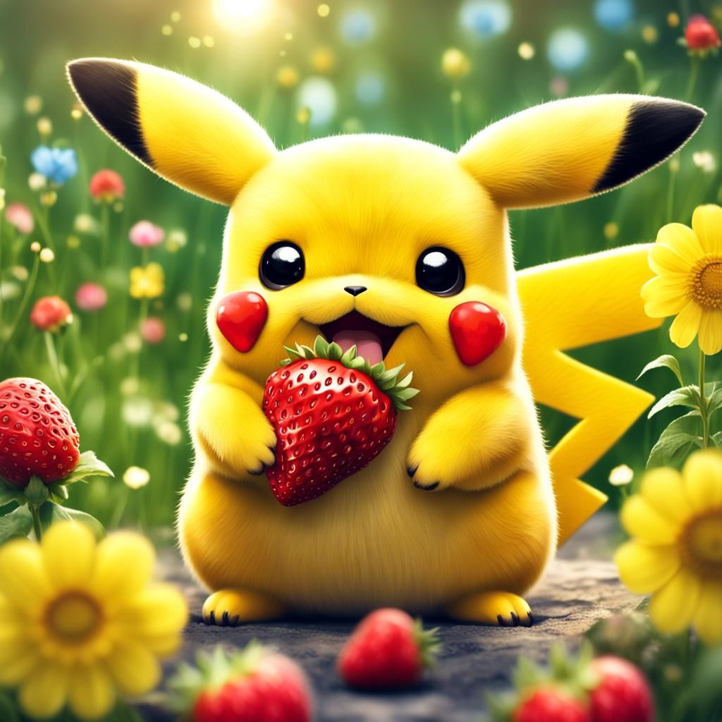 Fluffy Pikachu with Strawberry in Flower Field