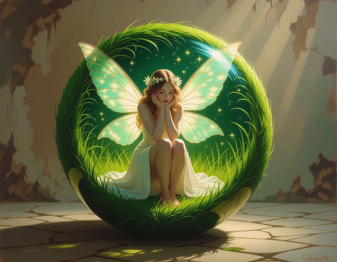 Renaissance Fairy Trapped in Grass Orb by Michelangelo