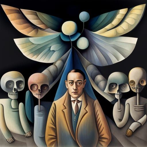 Winged Skull Family in Dandelion Dreamscape, Surreal Art