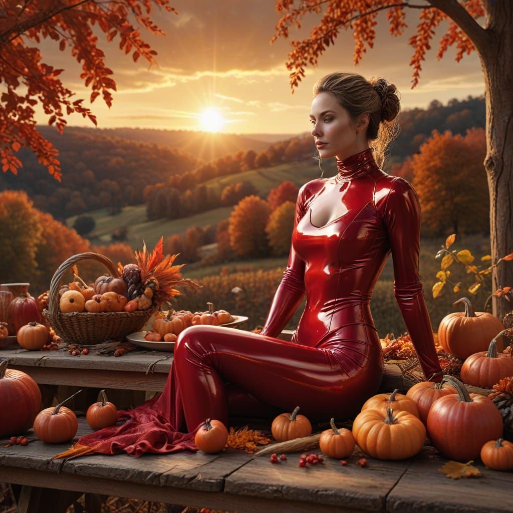 Woman in Red Latex at Opulent Autumn Harvest Table