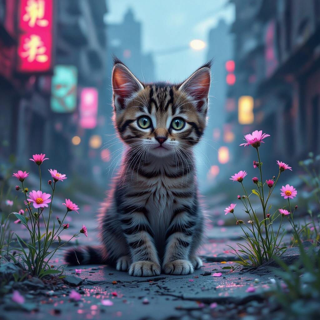 Tabby Kitten in Forgotten Neon Metropolis