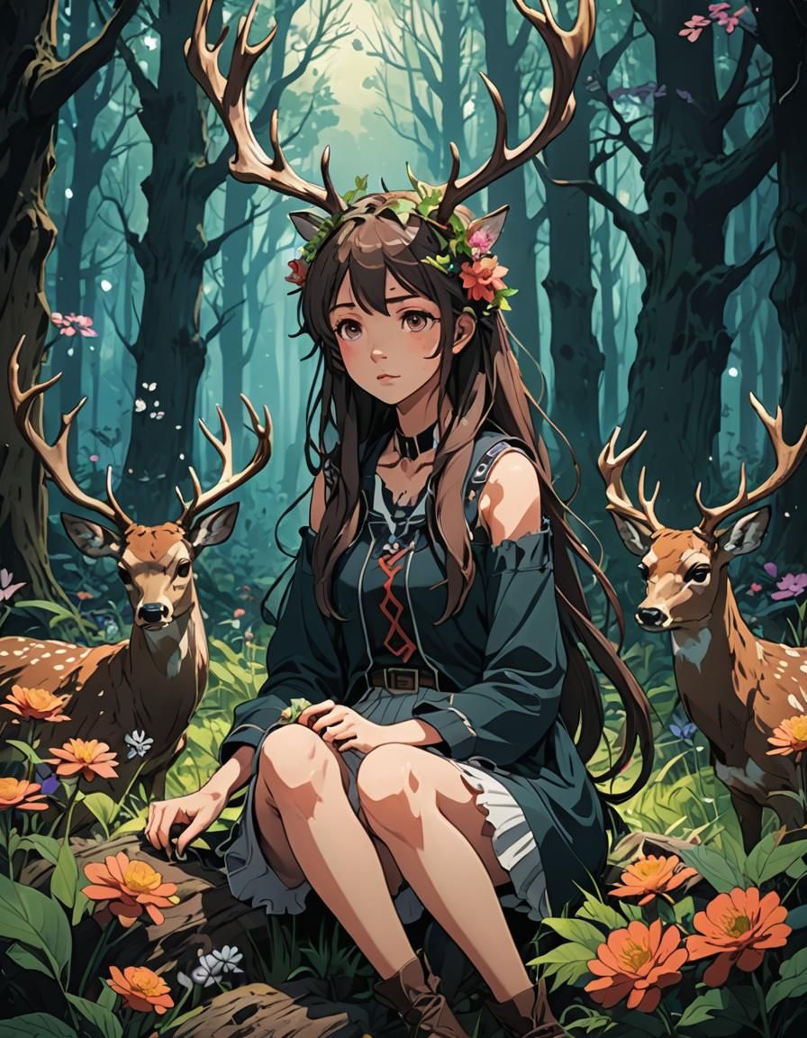 A girl with deer antlers.