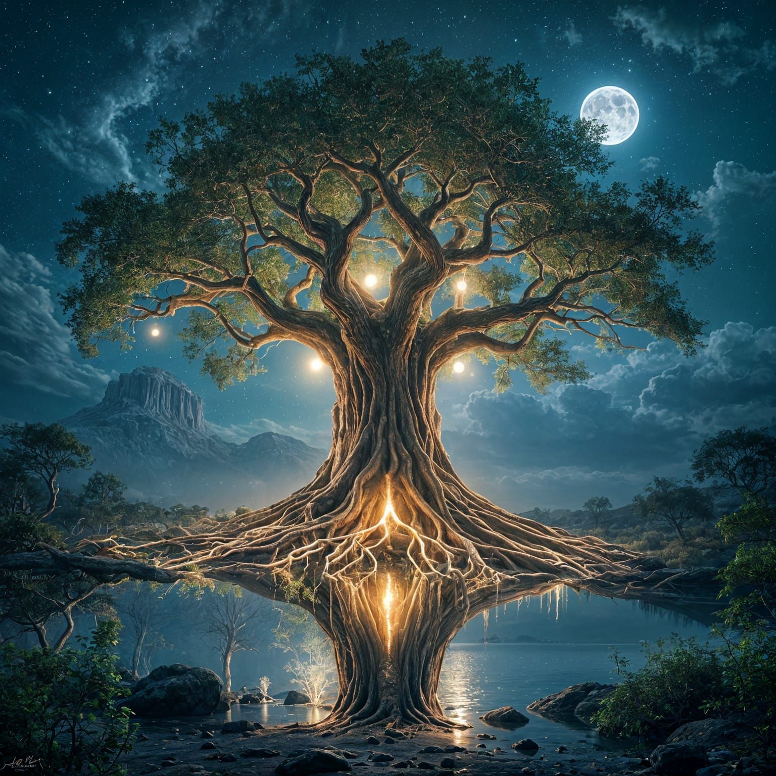 Bioluminescent Tree of Life Under Moonlight