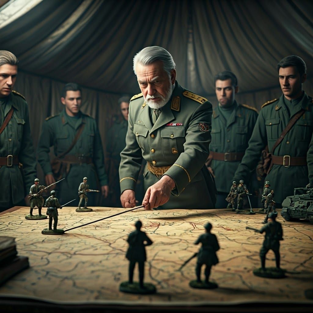Strategic Battle Figurine Scene in Military Tent