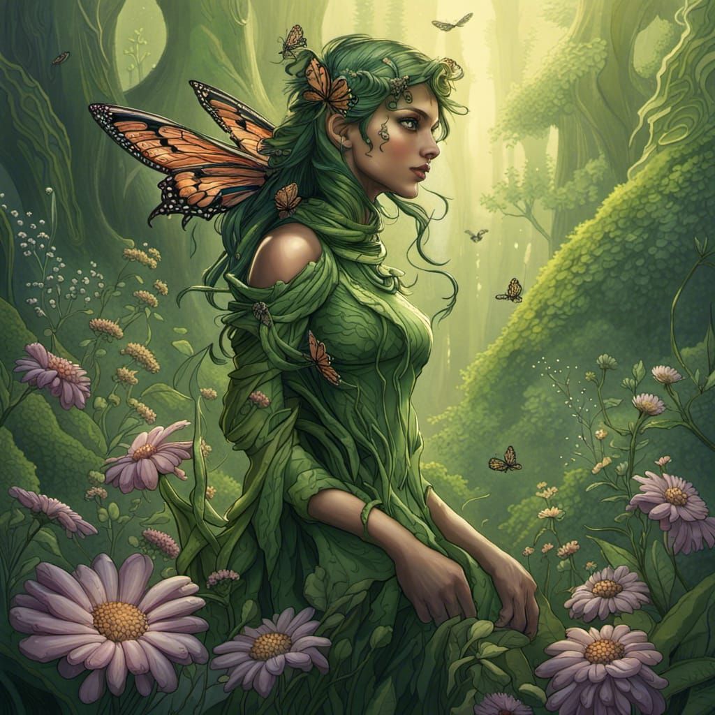 Green Fairy with Butterfly Wings Digital Painting