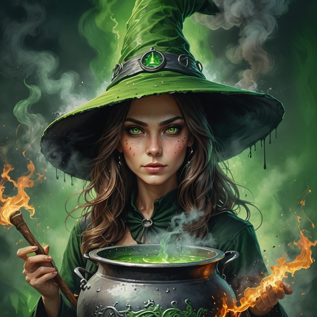 Green Witch with Cauldron: Hyperrealistic Concept Art