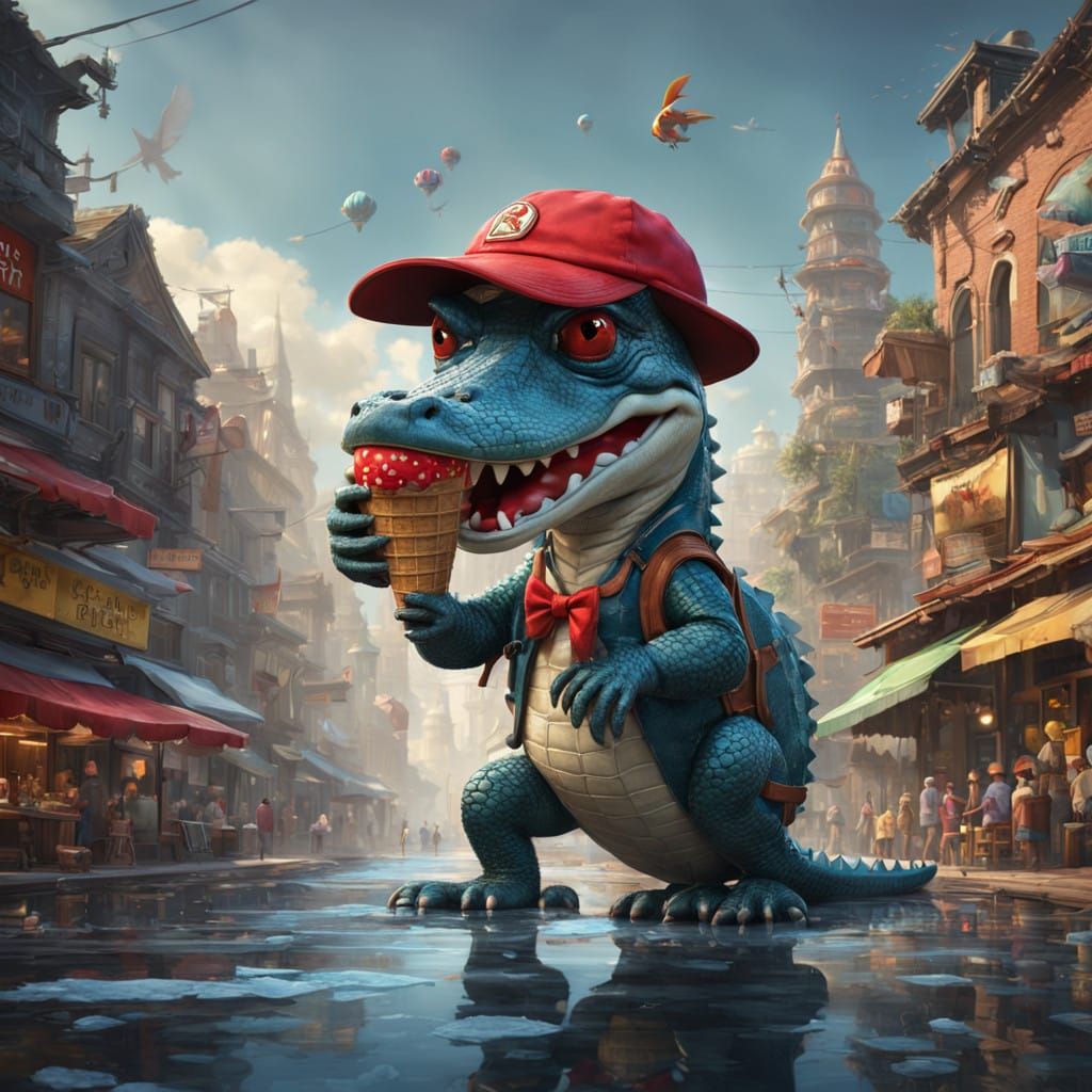 Semi-Realistic Alligator Enjoys Ice Cream in Shopping Mall