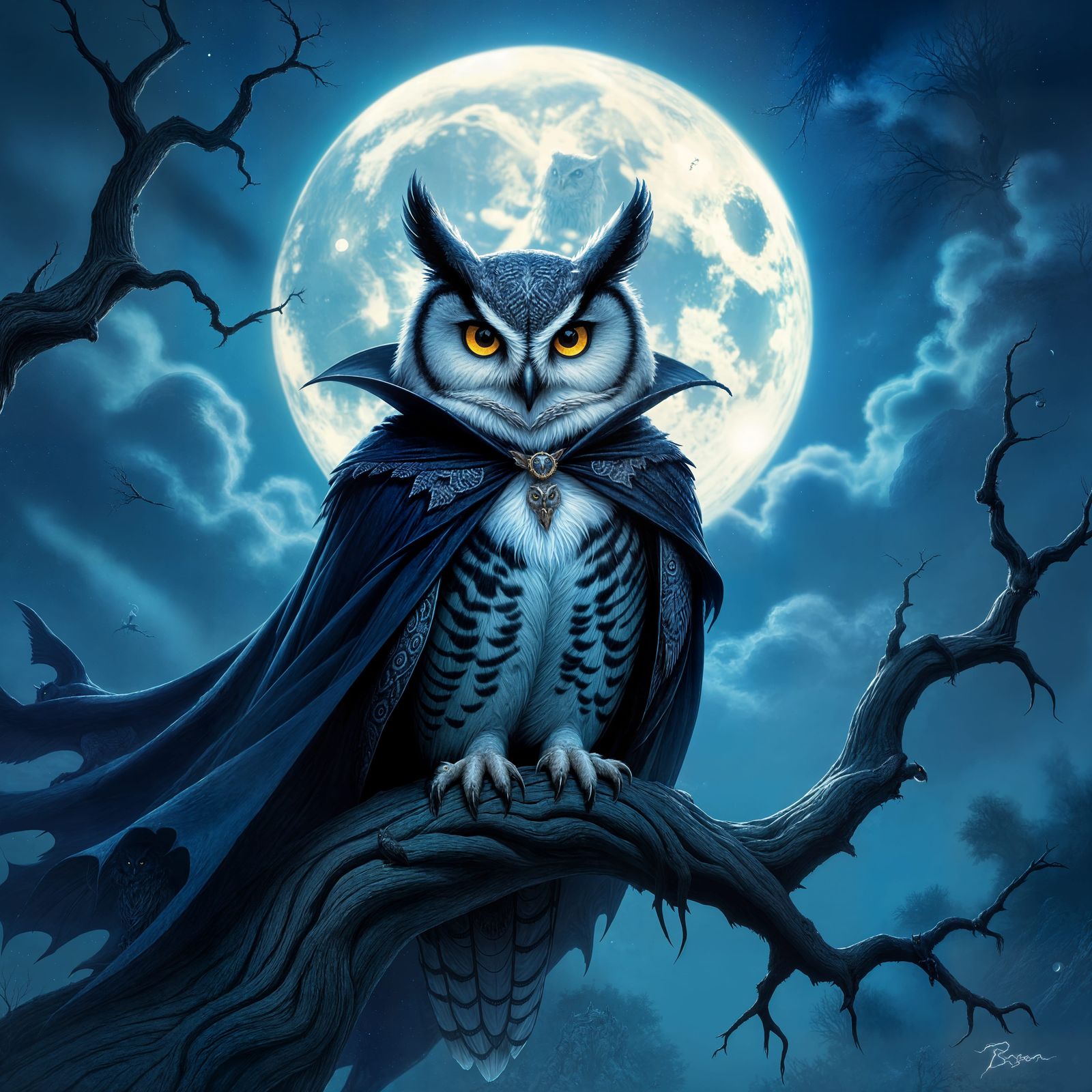Majestic Owl in Vampire Cape Under Full Moon