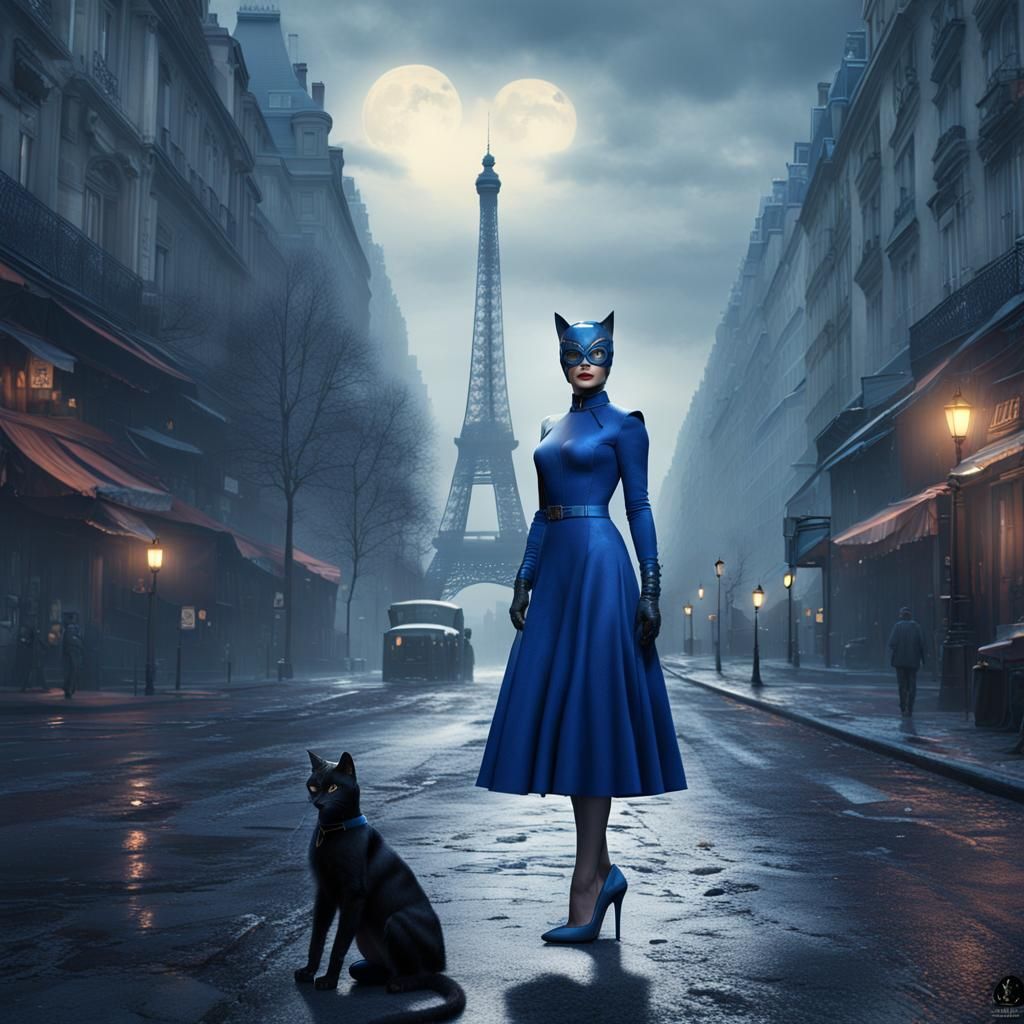 Catwoman in Blue Dress in Foggy Paris
