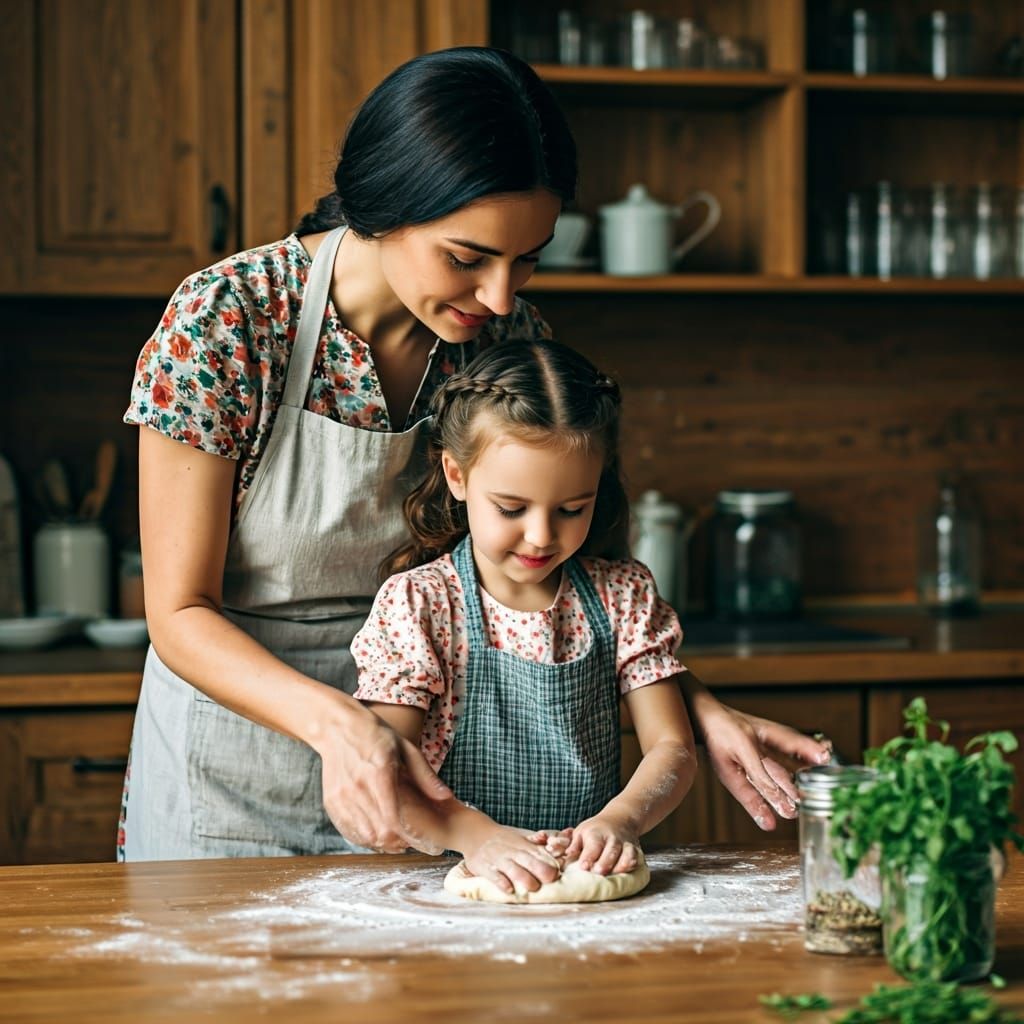 Mother and Daughter Baking: A Photorealistic Kitchen Scene