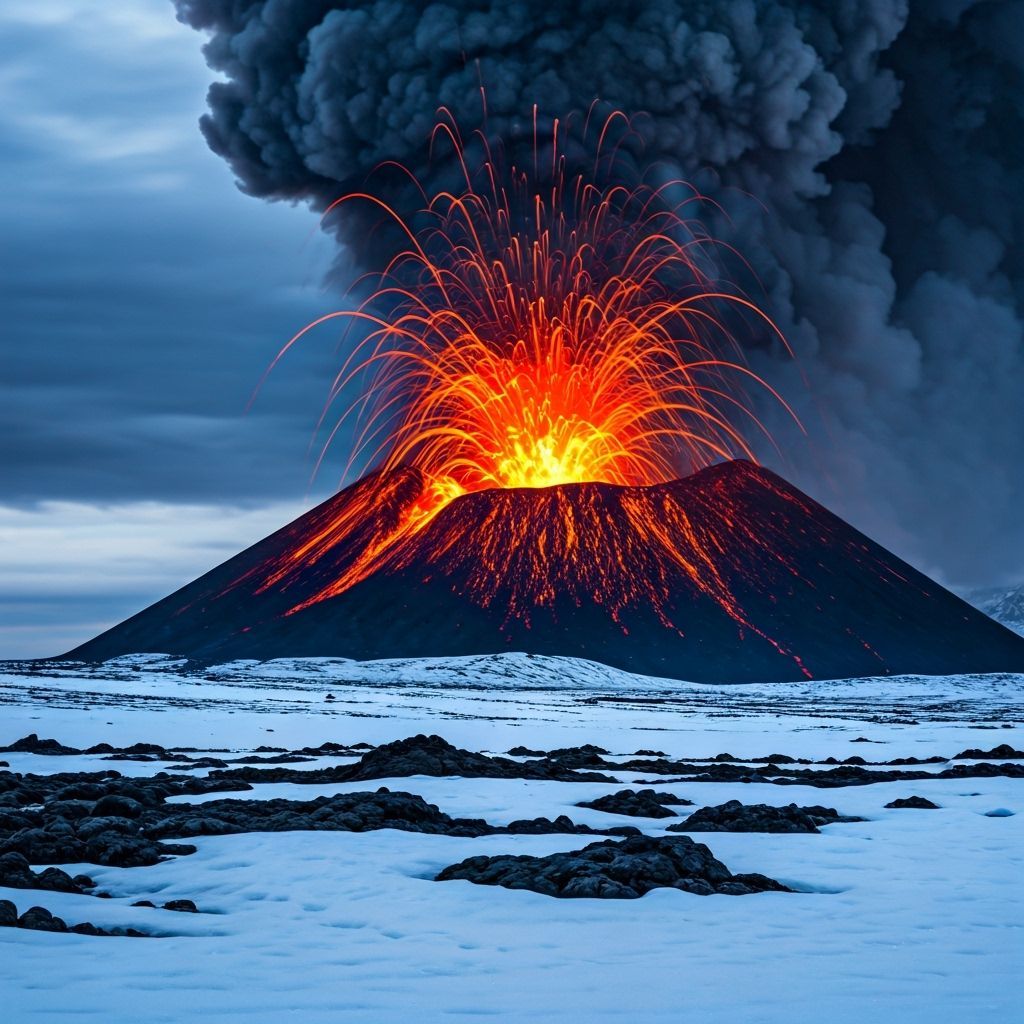 Volcano Erupts in Snowy Landscape: Dramatic Realism