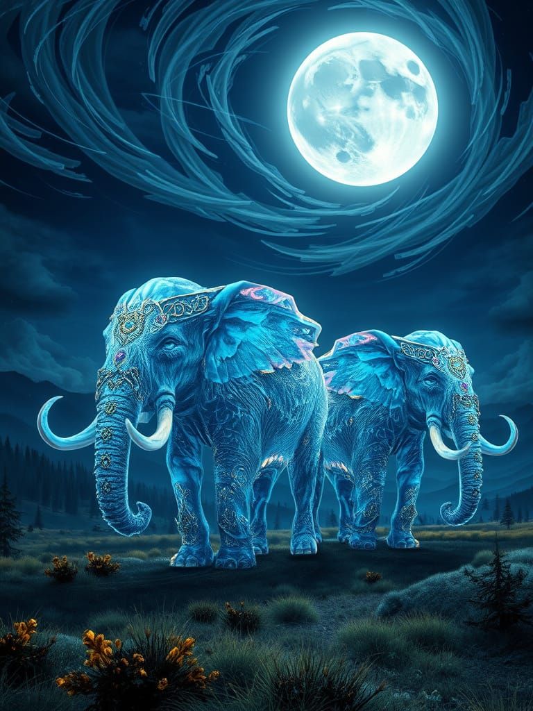 Moonlit Elephants in a Dreamlike Valley