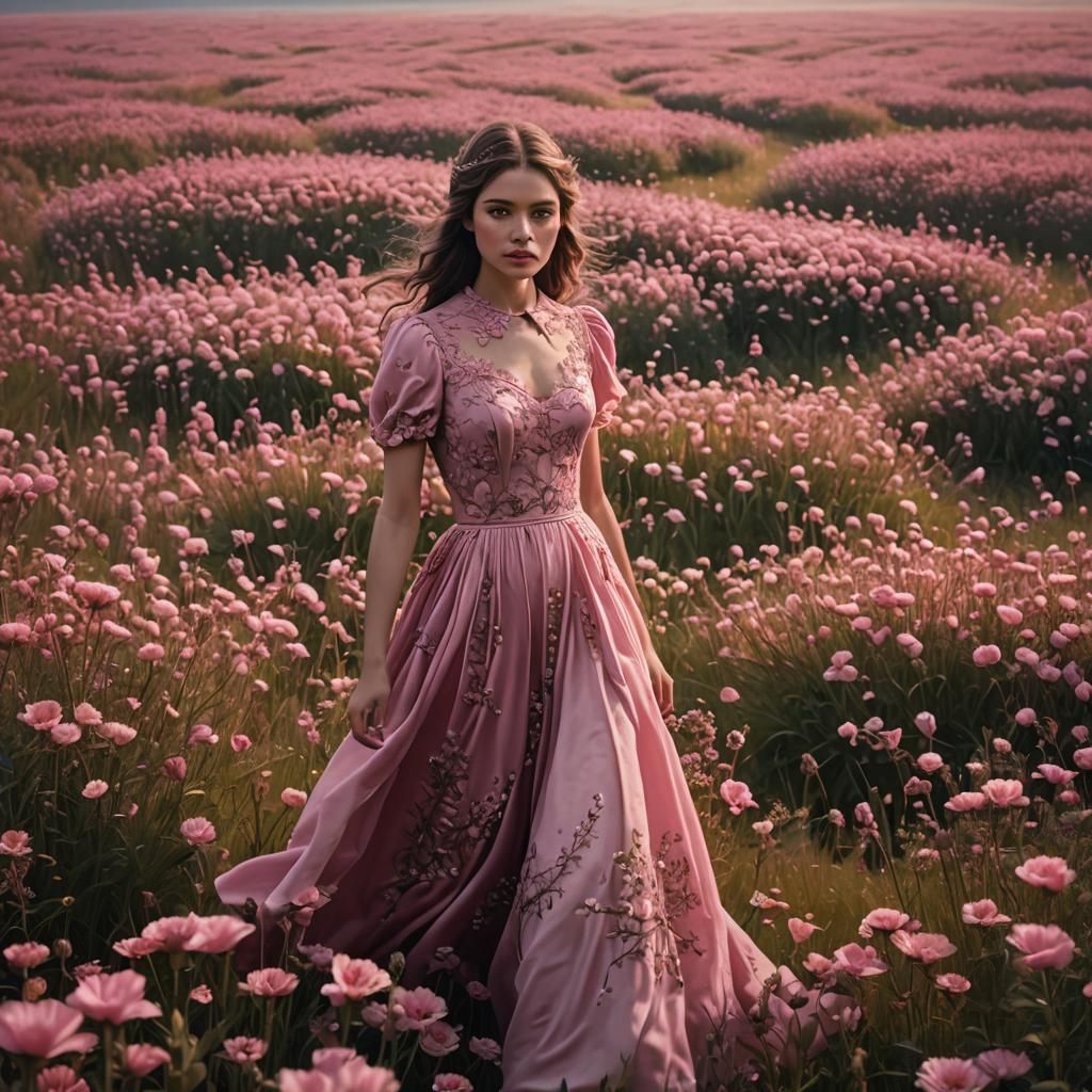 Girl in Pink Dress in Flower Field: Digital Painting