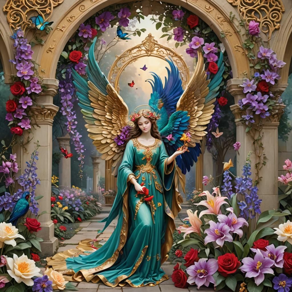 Sorrowful Angel with Large Wings in Heavenly Garden