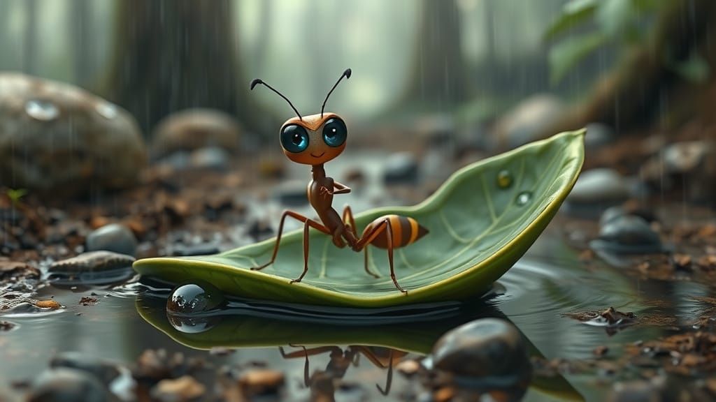 Charming Ant on Leaf Boat in 3D Animation Style