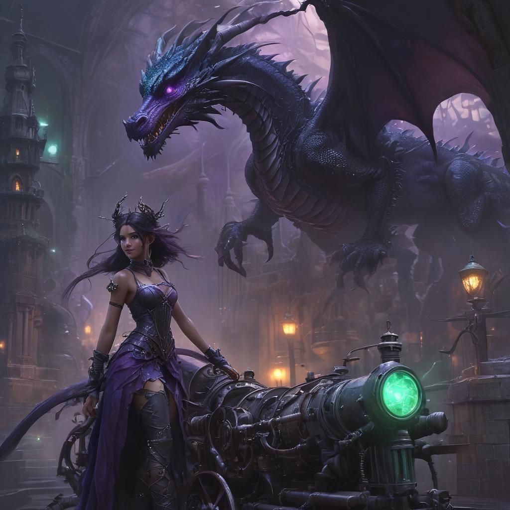 Mist Dragon and Elf Maiden in Dark Fantasy Art
