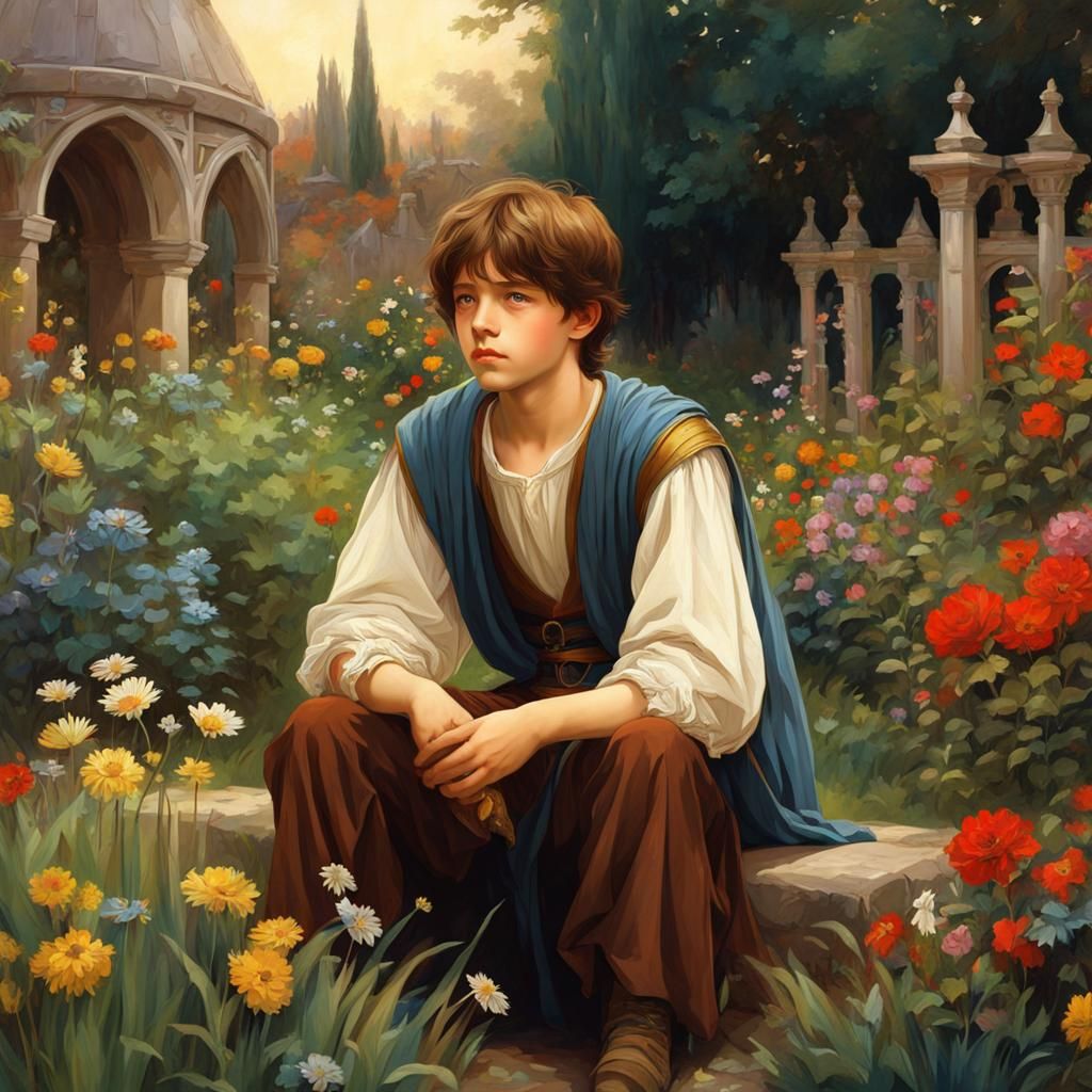 Weeping Boy in Medieval Garden, Waterhouse Style