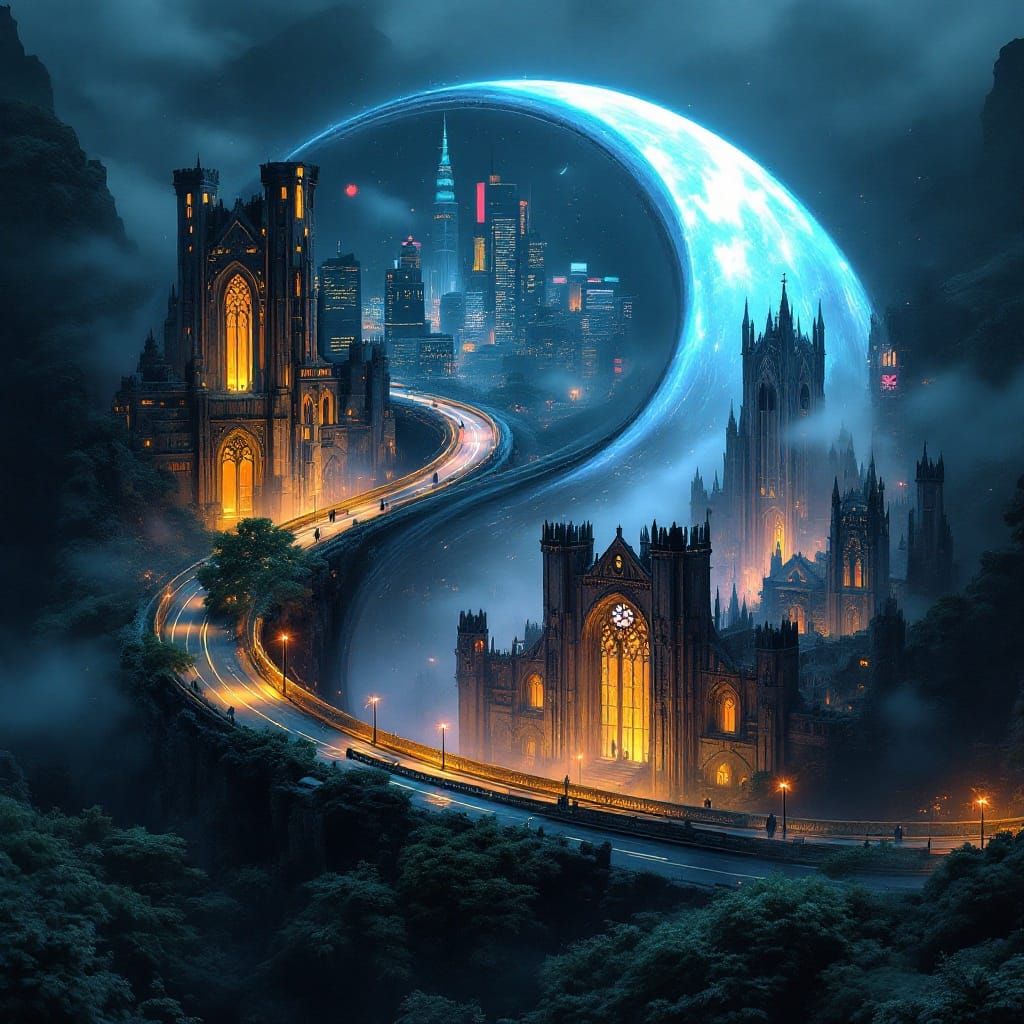 Surreal Futurist and Gothic Landscape Forms Yin-Yang Symbol