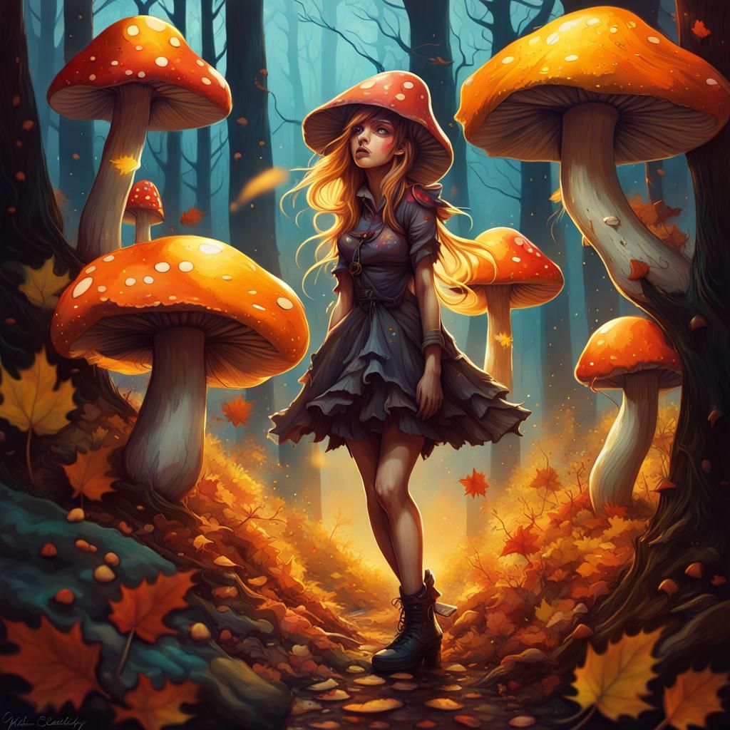 Autumn Fairy in Forest of Glowing Mushrooms