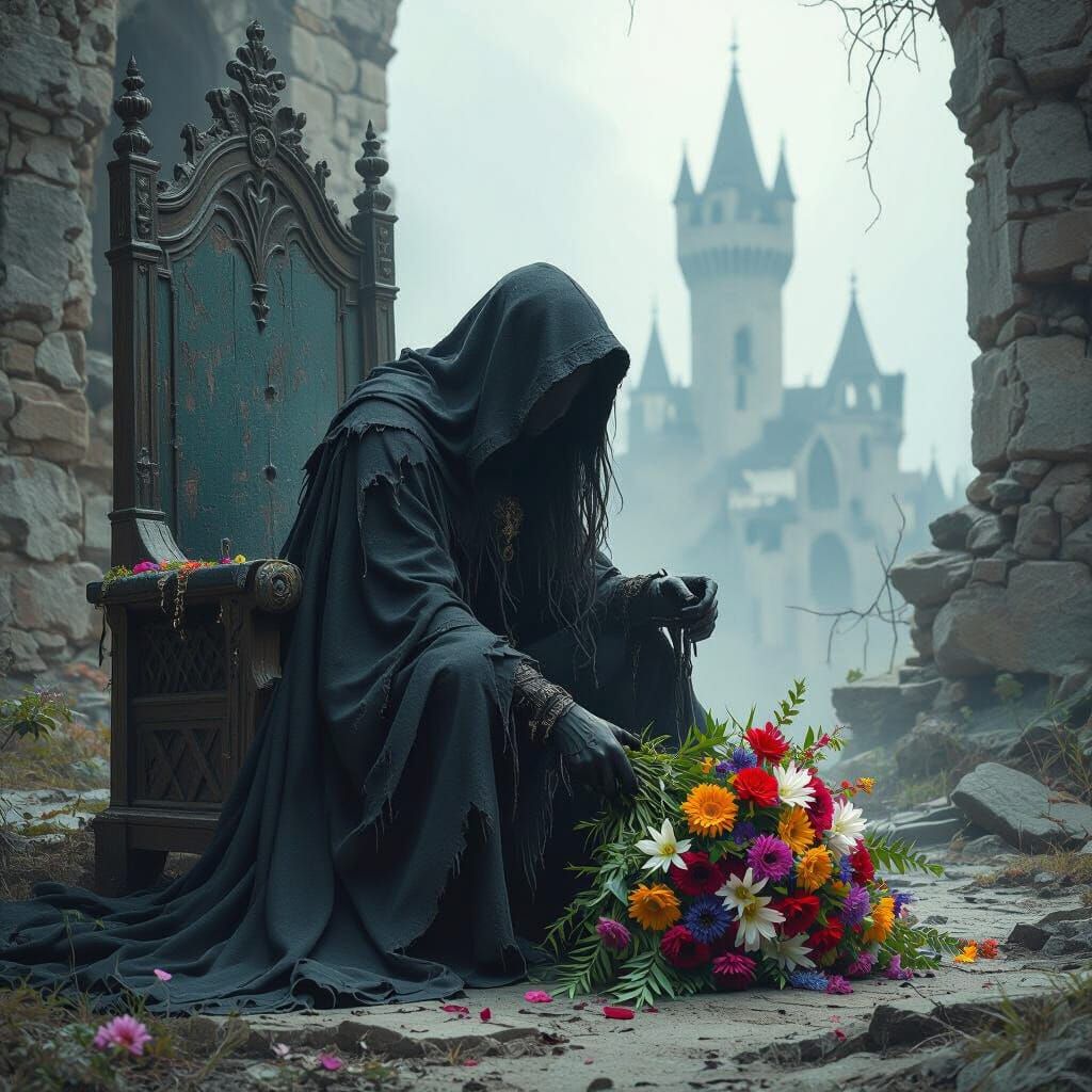 Mystical Figure Honors Fallen Throne in Dark Fantasy Style