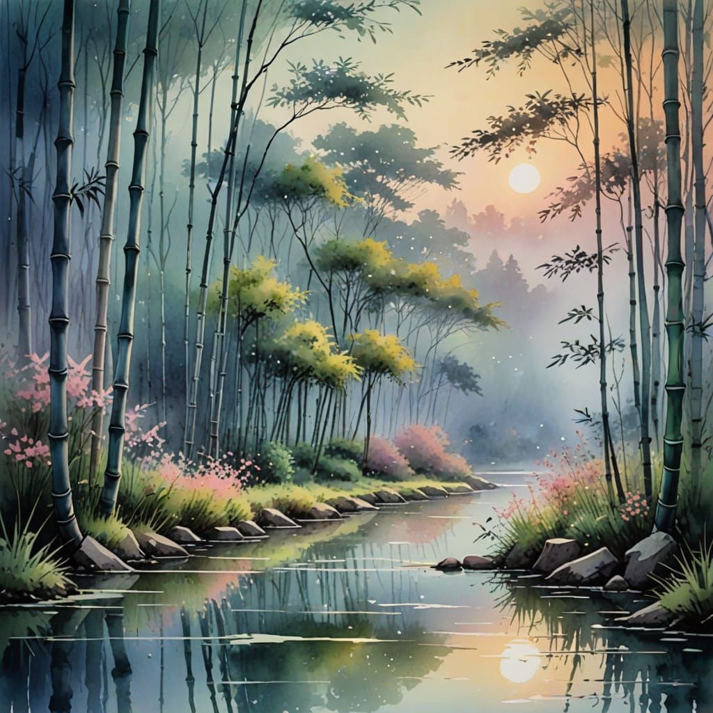 Mystical Pastel Landscape in Bamboo Brush Style