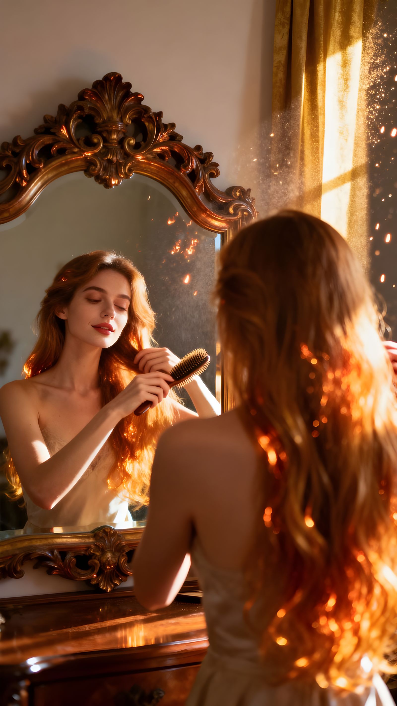 Woman Brushing Luminous Hair in Ornate Mirror