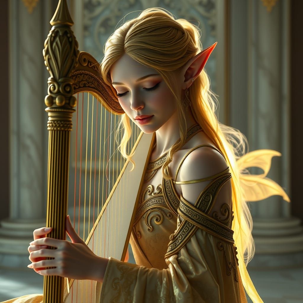 Ethereal Elf Plays Majestic Fantasy Harp in Golden Glow