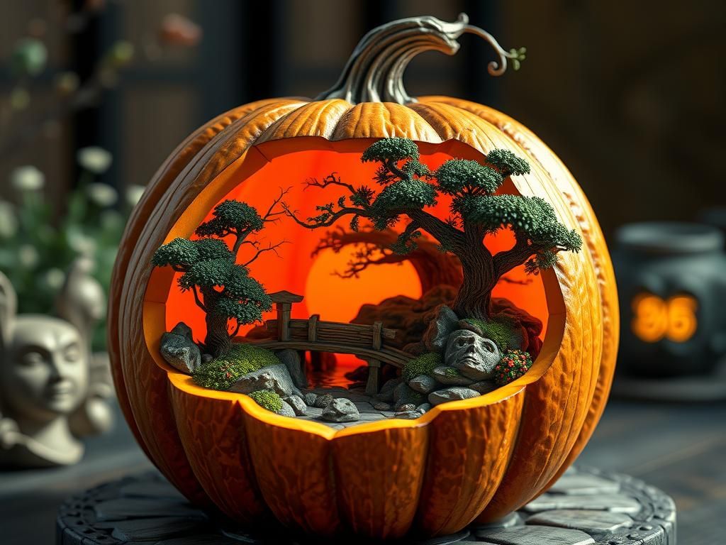 Miniature Japanese Garden Inside Carved Pumpkin