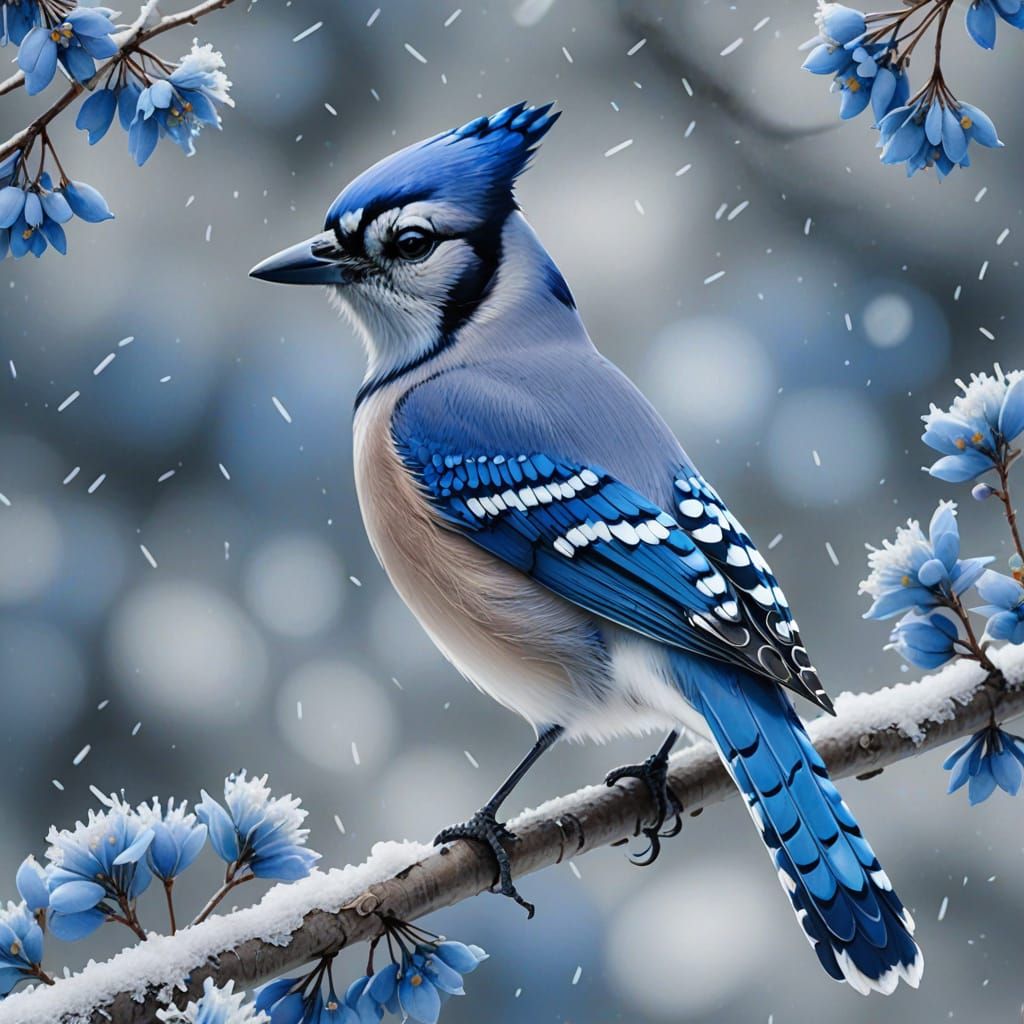 Blue Jay in Winter Wonderland: Digital Art
