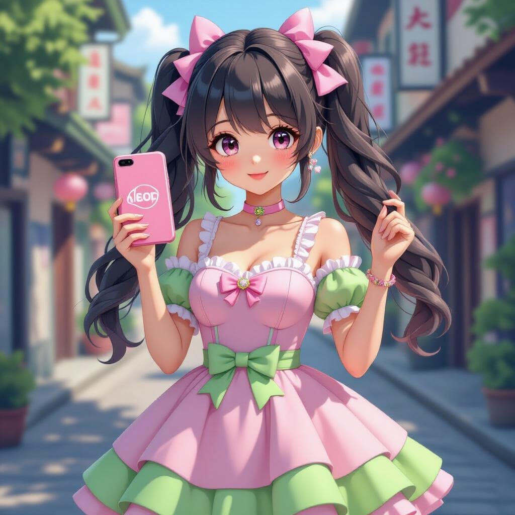 Kawaii Anime Girl with Phone, Pastel Colors