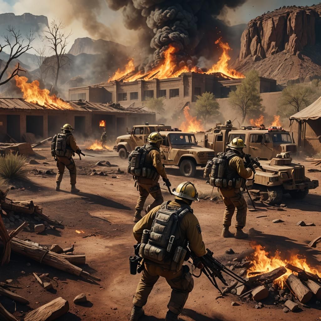 Army Soldiers Firefighting Wildfire: Matte Painting